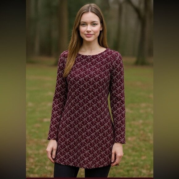 J Jill Ladie’s Ponte burgundy Top long sleeved tunic geometric Size Small - Picture 1 of 11
